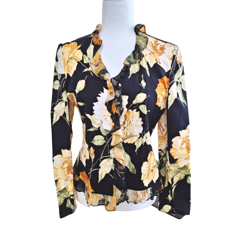 St. John Sport by Marie Gray Black Yellow Floral Ruffle Trim Blazer Jacket szS - Picture 4 of 13
